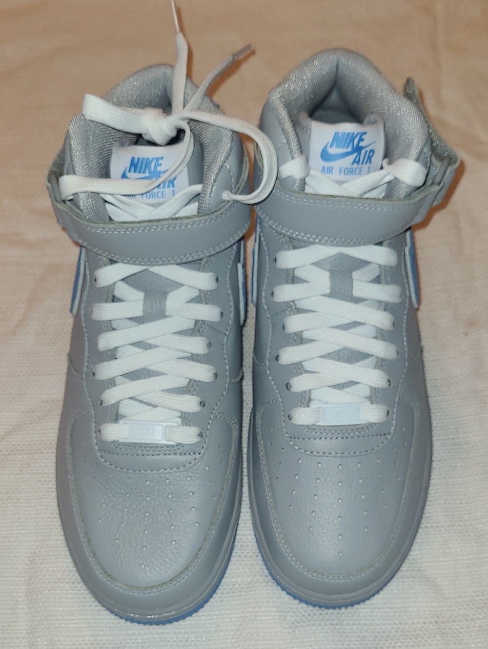 Nike Kids Air Force 1 Mid — Gray and White with Blue Logo